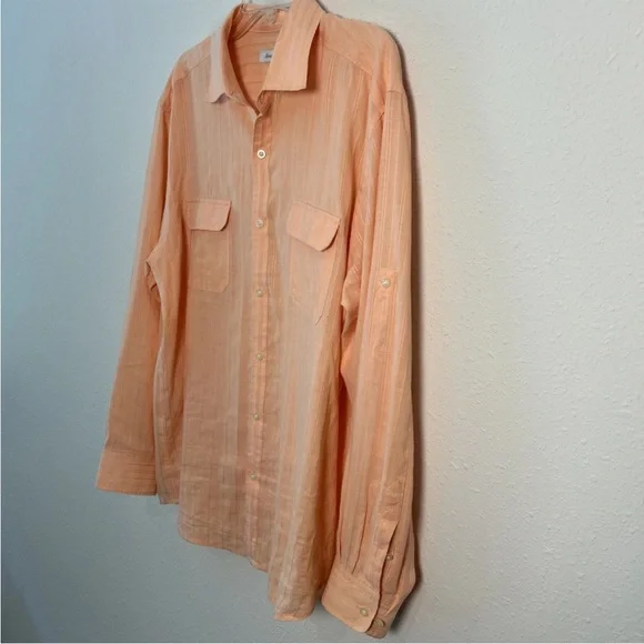 Tommy Bahama Men’s Large Striped Light Orange Linen Blend Button Up Shirt - Picture 6 of 14